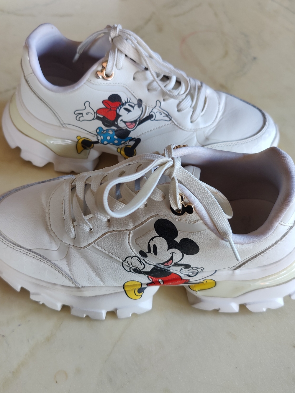 Aldo White Sneakers with Mickey & Minnie With Gold Accents